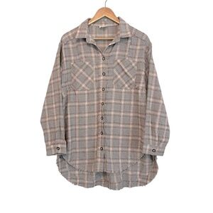 143 Story Women's Medium Grey Plaid Raw Hem Cotton Casual Button-Up Tunic Shirt